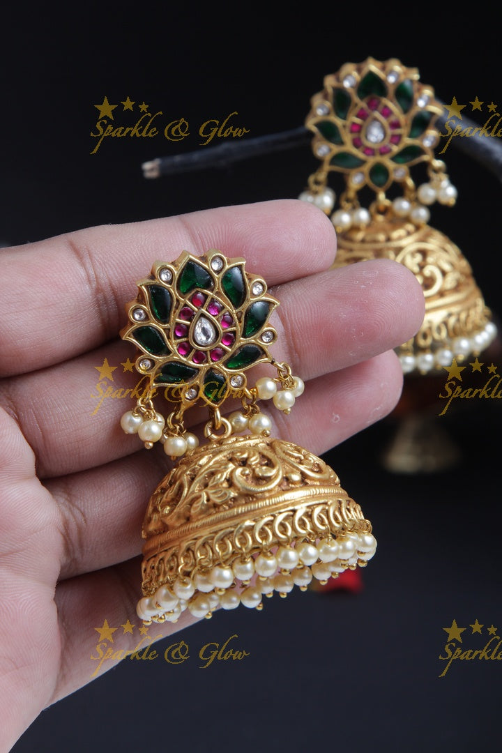 Geru Gold Multi Color Lotus Studded Jhumkas