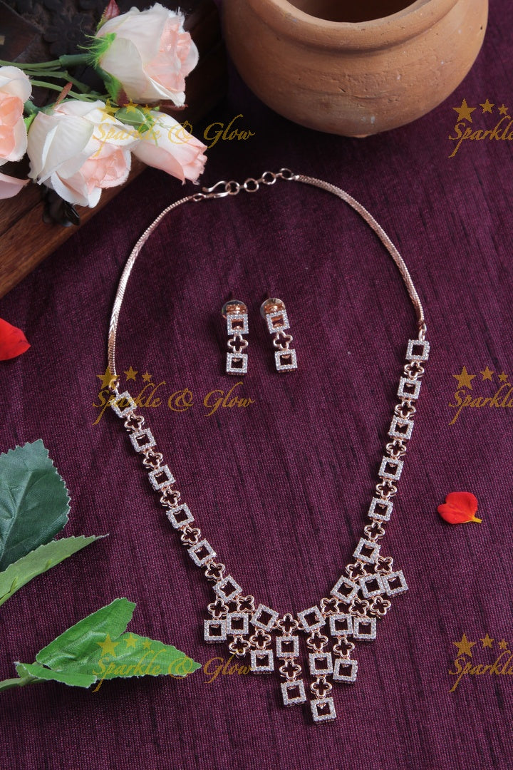 Rose Gold AD Stone Floral square Necklace