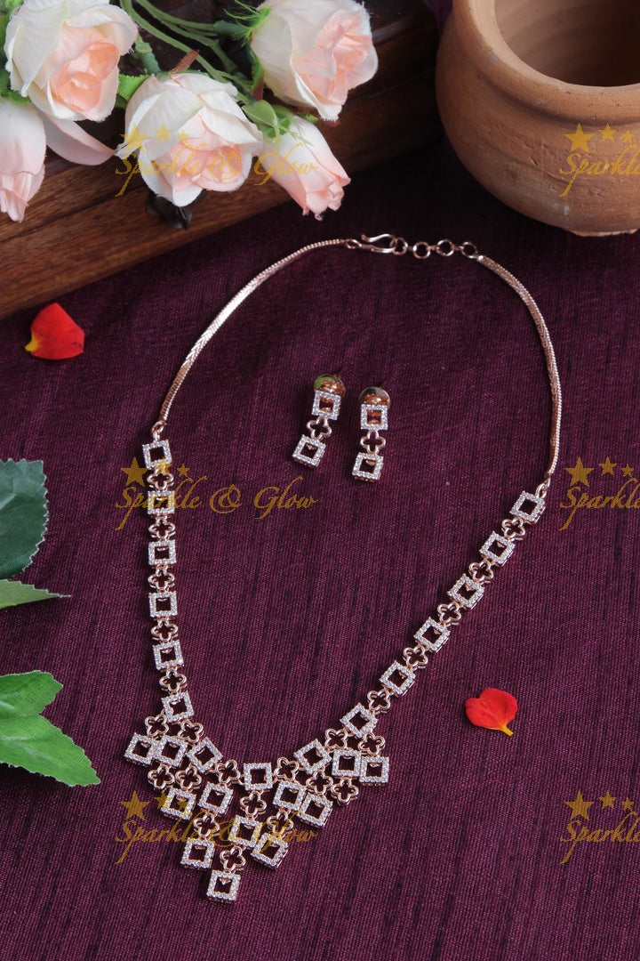 Rose Gold AD Stone Floral square Necklace