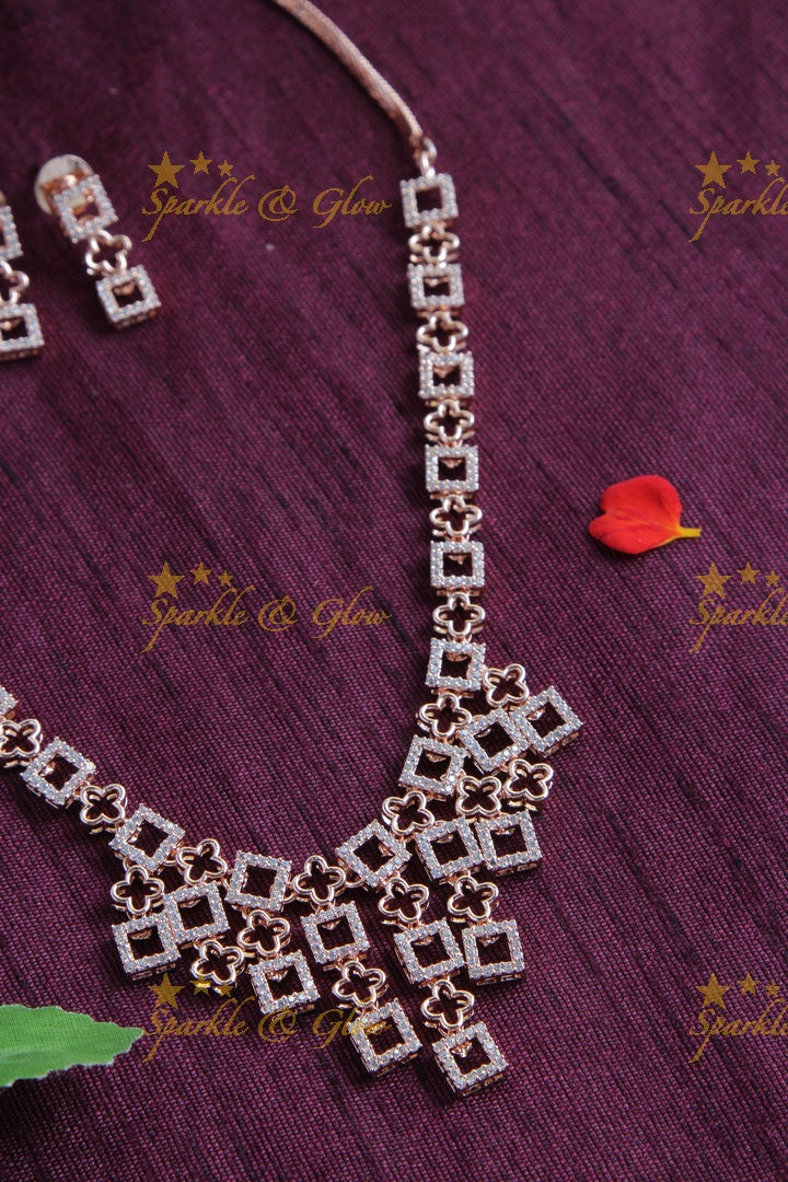 Rose Gold AD Stone Floral square Necklace