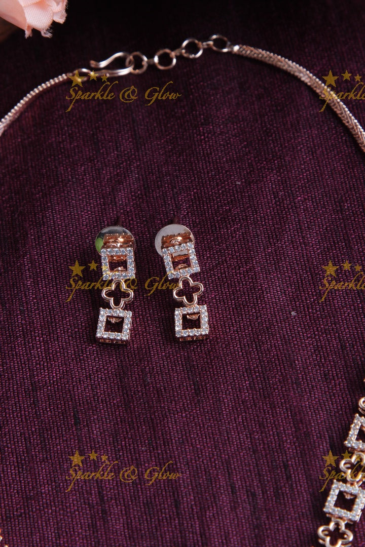Rose Gold AD Stone Floral square Necklace