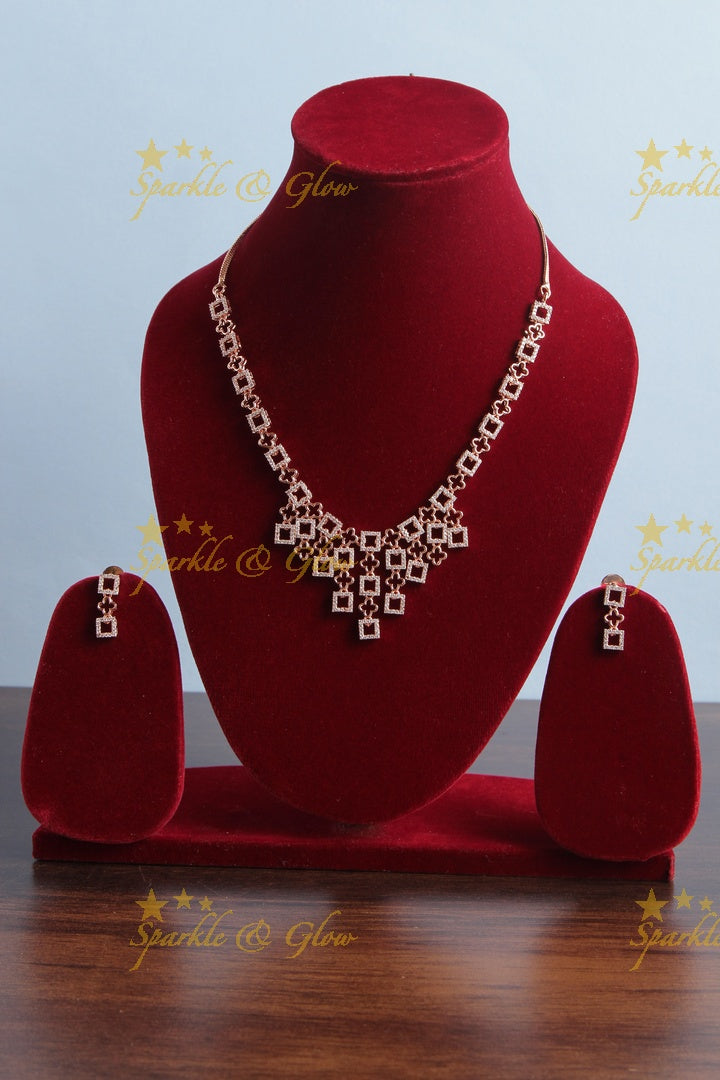 Rose Gold AD Stone Floral square Necklace