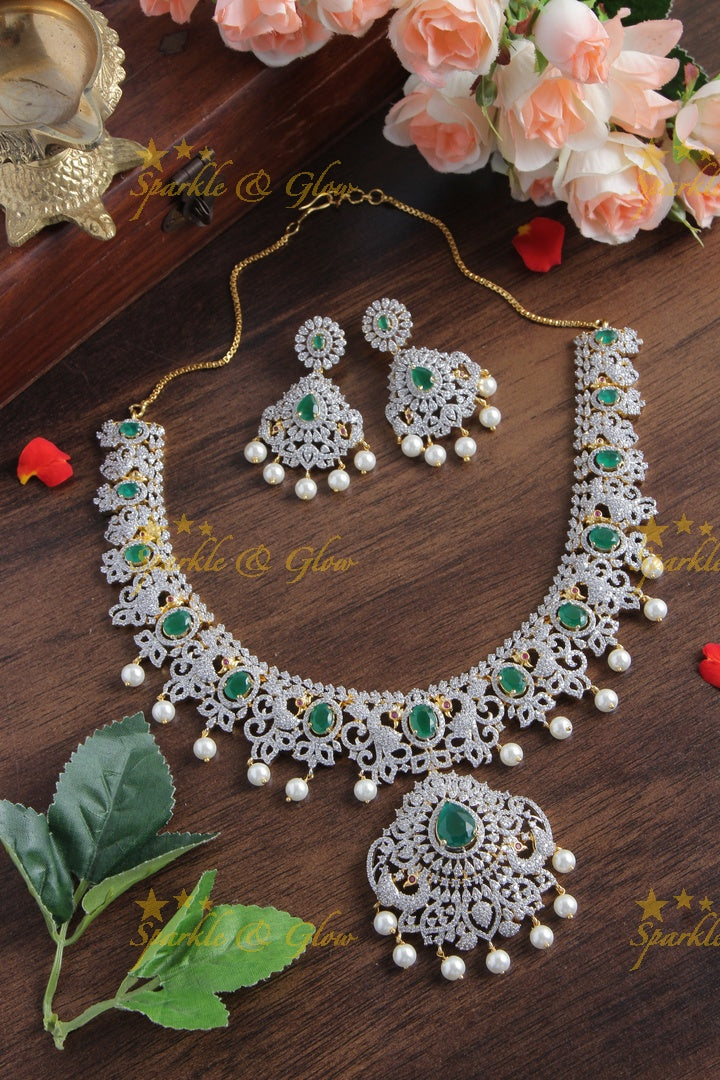 GJ Polish AD stone Peacock Necklace - Green