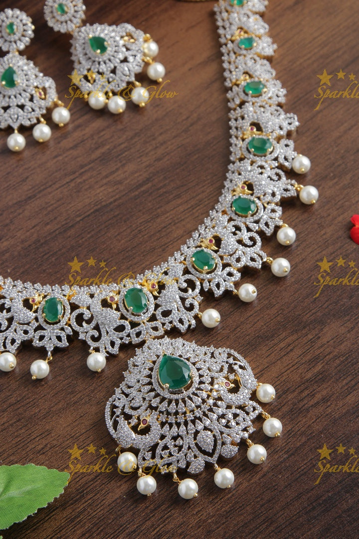 GJ Polish AD stone Peacock Necklace - Green