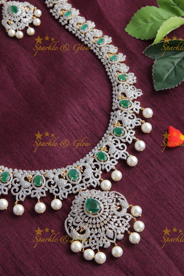 Beautiful GJ Polish Peacock AD Stone Necklace - Green