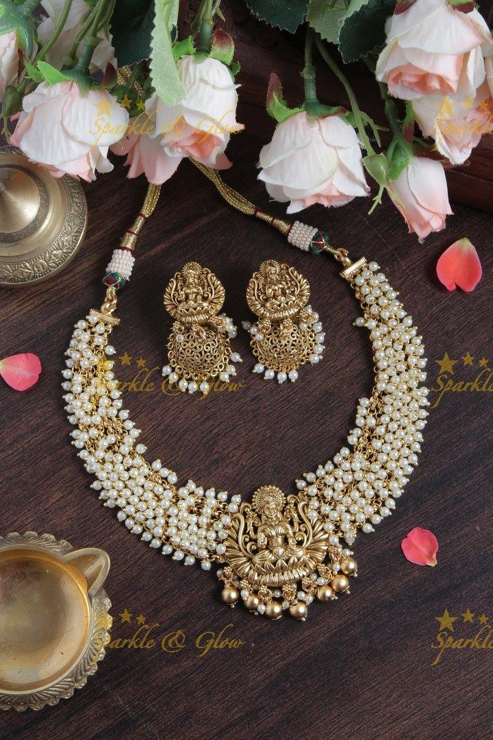 Beautiful Pearl Cluster Statement Lakshmi Necklace with Gold beads - Sparkle and Glow