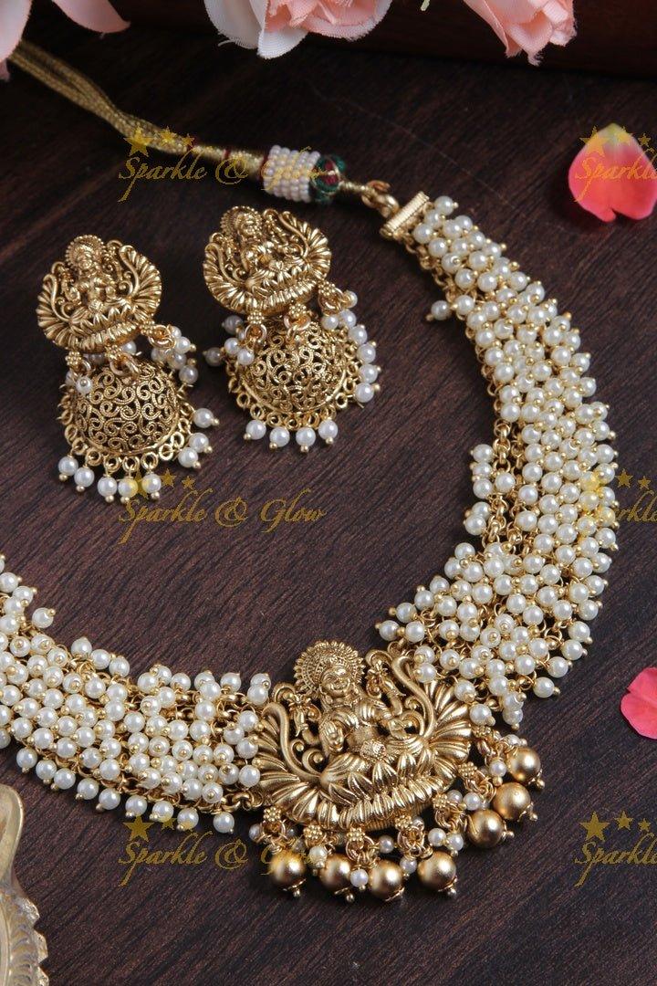 Beautiful Pearl Cluster Statement Lakshmi Necklace with Gold beads - Sparkle and Glow