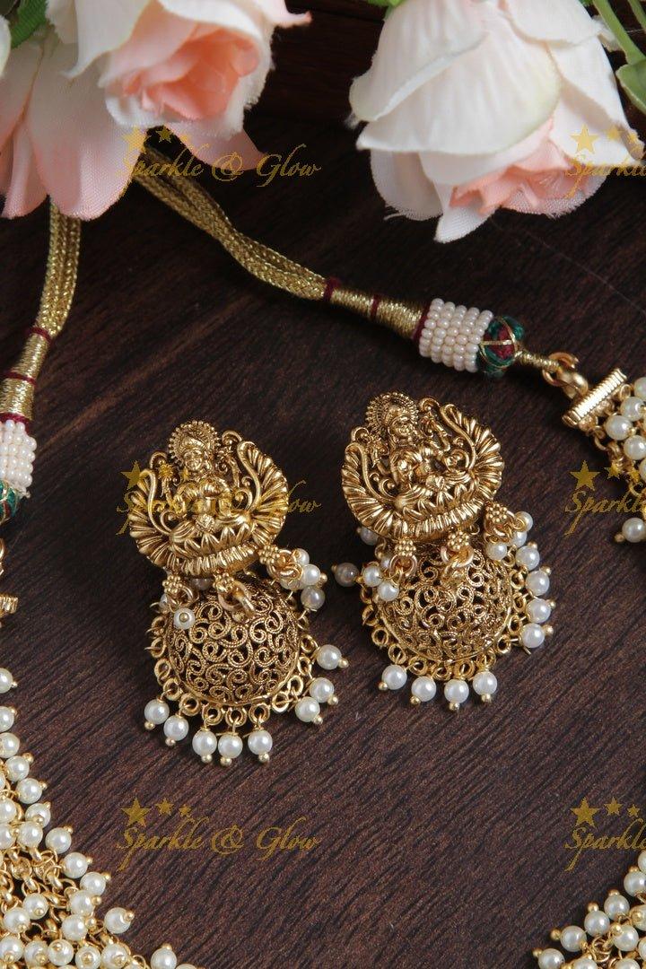 Beautiful Pearl Cluster Statement Lakshmi Necklace with Gold beads - Sparkle and Glow