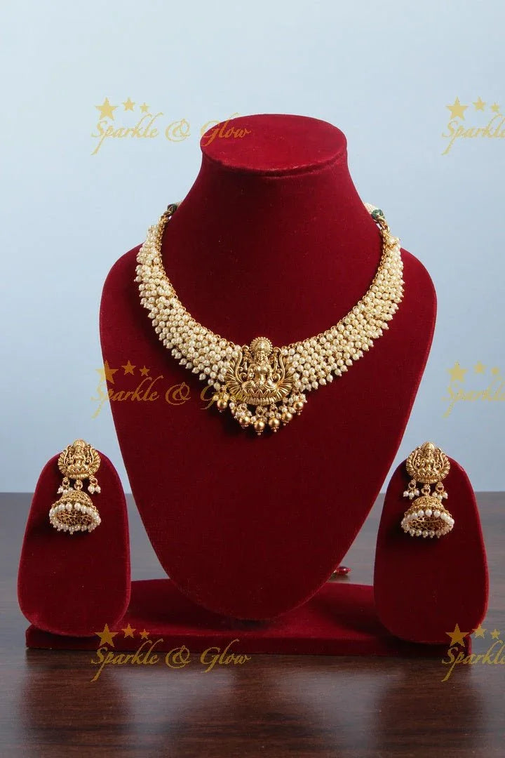 Beautiful Pearl Cluster Statement Lakshmi Necklace with Gold beads - Sparkle and Glow