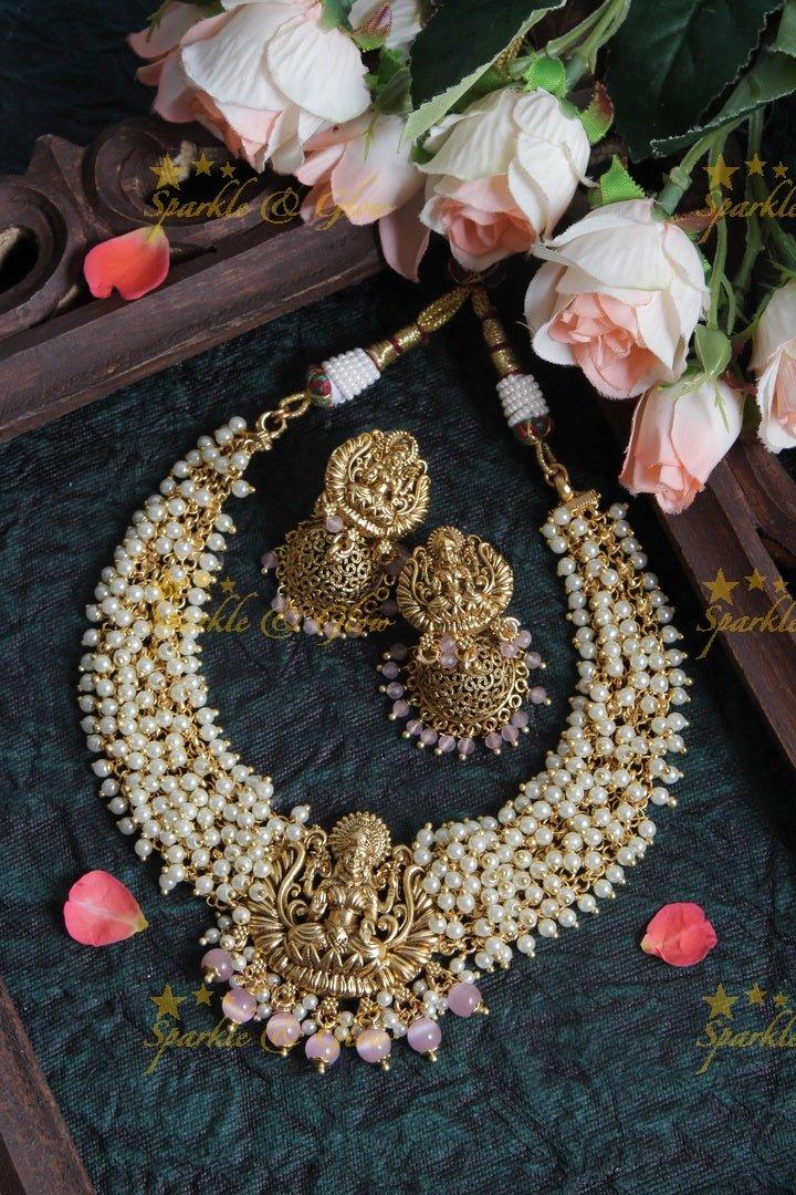 Beautiful Pearl Cluster Statement Lakshmi Necklace with Pink beads - Sparkle and Glow