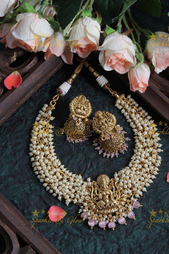 Beautiful Pearl Cluster Statement Lakshmi Necklace with Pink beads - Sparkle and Glow
