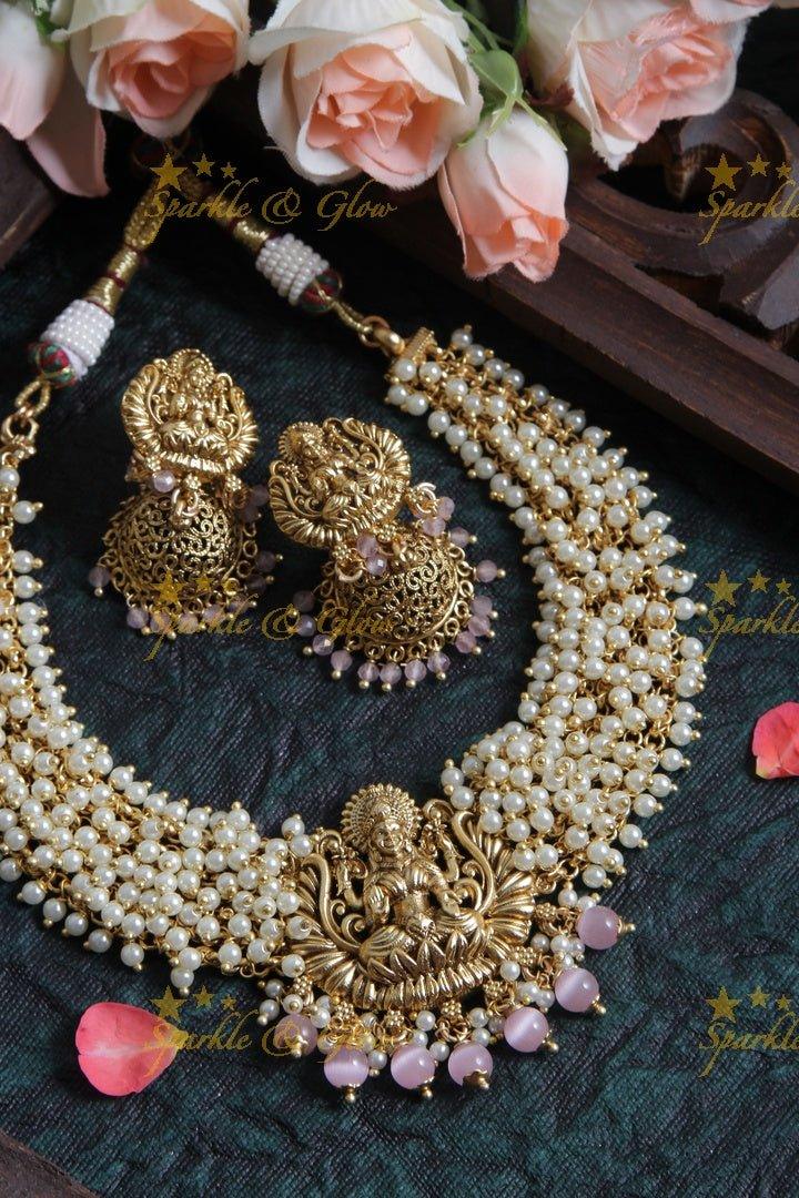 Beautiful Pearl Cluster Statement Lakshmi Necklace with Pink beads - Sparkle and Glow