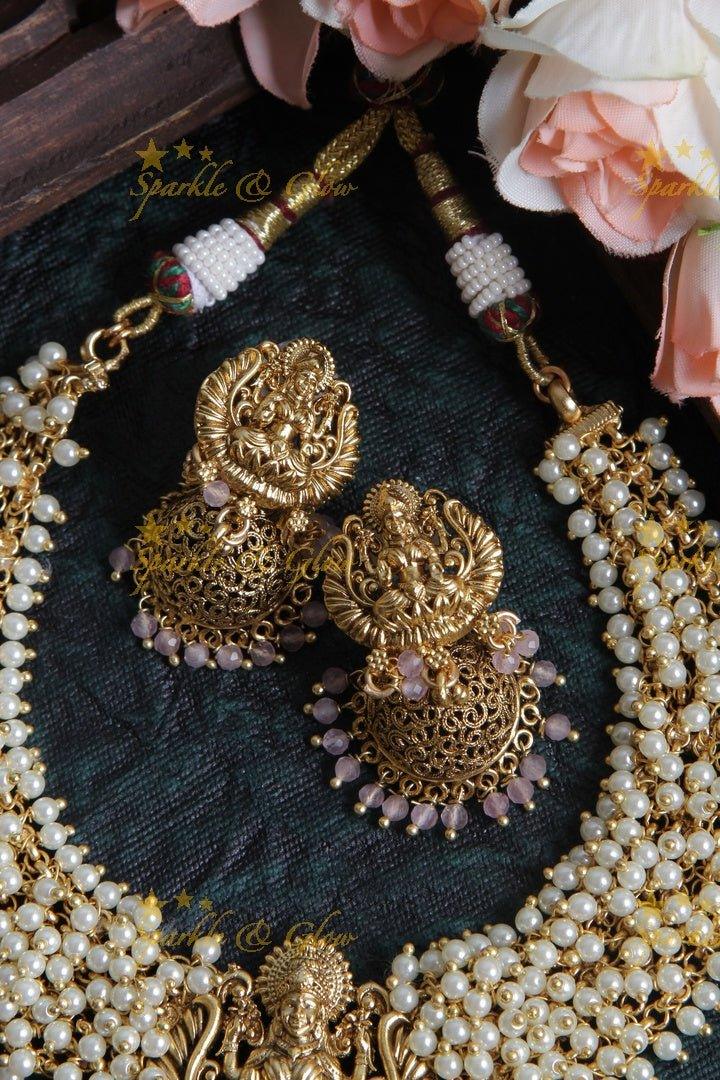Beautiful Pearl Cluster Statement Lakshmi Necklace with Pink beads - Sparkle and Glow