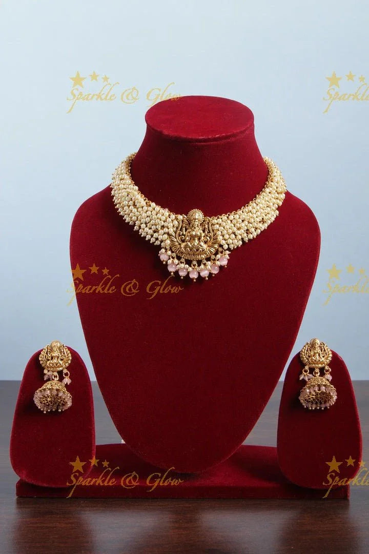 Beautiful Pearl Cluster Statement Lakshmi Necklace with Pink beads - Sparkle and Glow