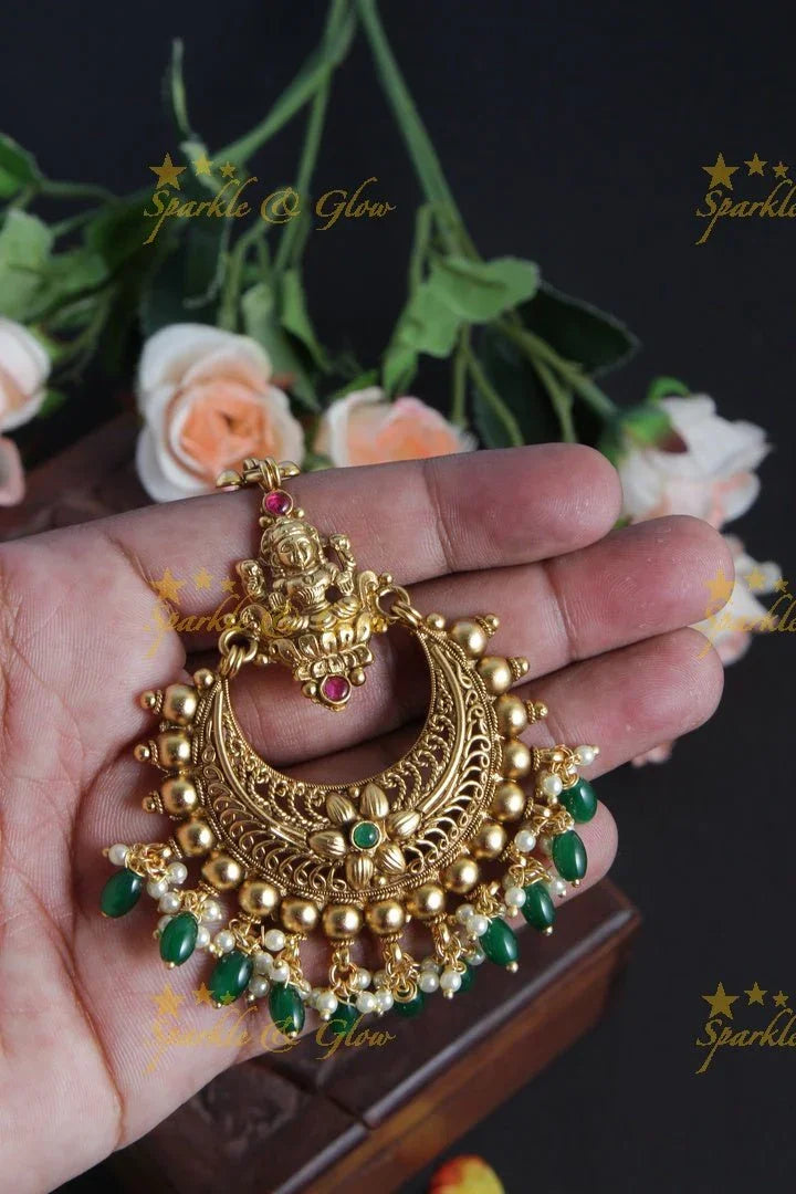 Gold Alike Lakshmi Floral Maang Tikka with Green beads - Sparkle and Glow
