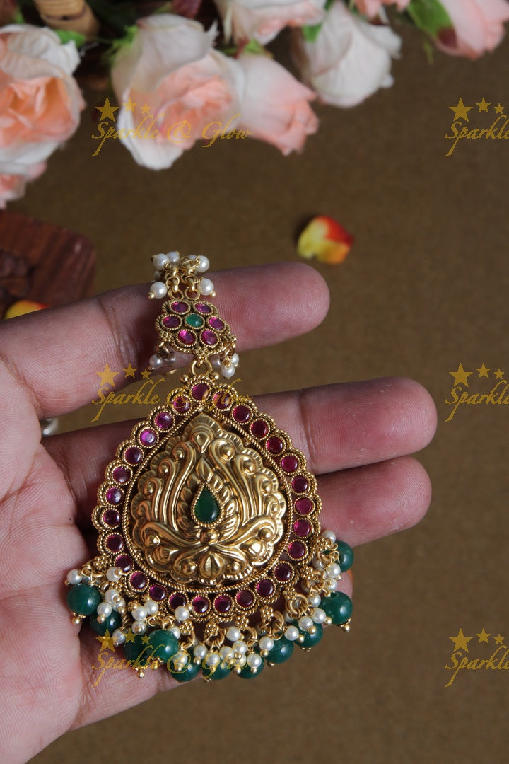 Gold Alike Floral Pearl Maang Tikka with Green beads