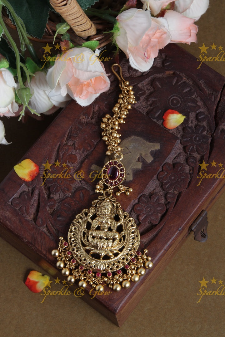 Gold Alike Lakshmi Maang Tikka with Gold beads - Pink