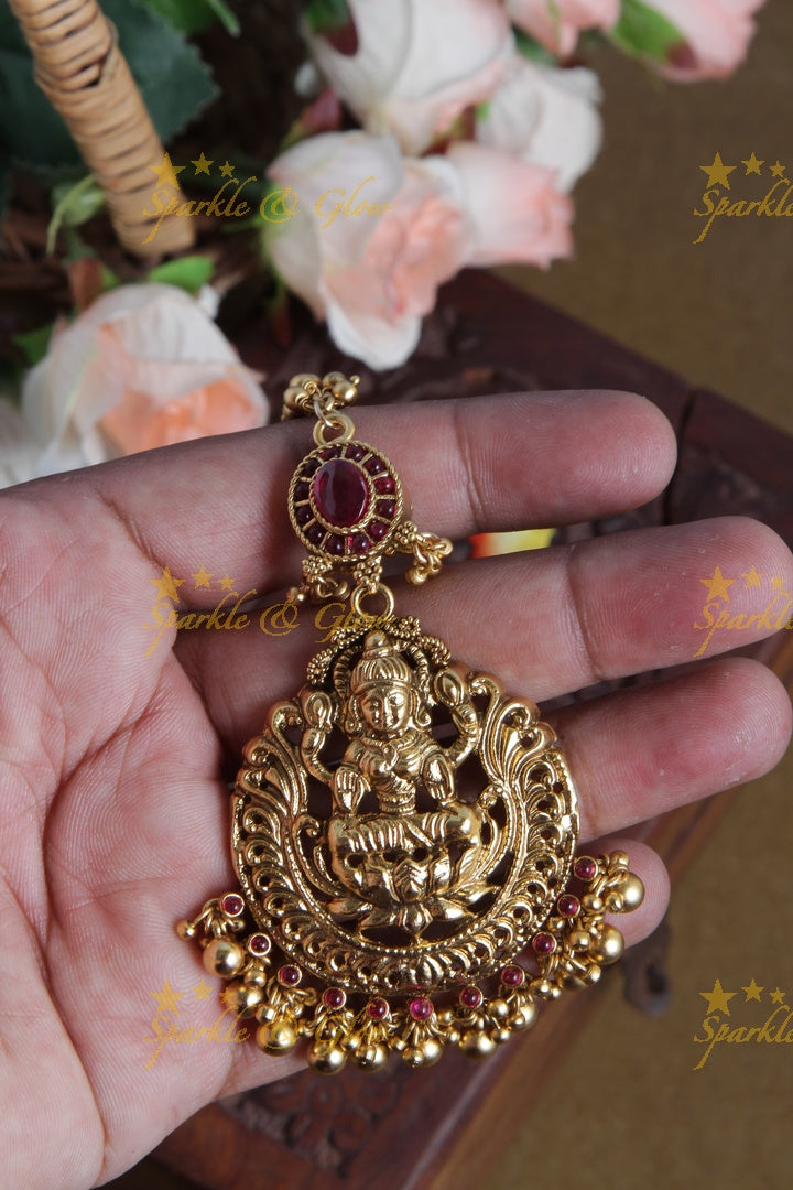 Gold Alike Lakshmi Maang Tikka with Gold beads - Pink