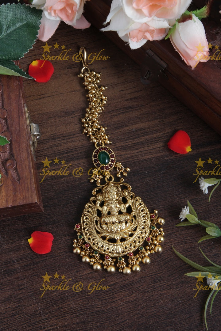 Gold Alike Lakshmi Maang Tikka with Gold beads - Green