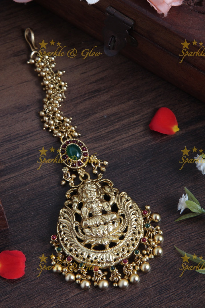 Gold Alike Lakshmi Maang Tikka with Gold beads - Green