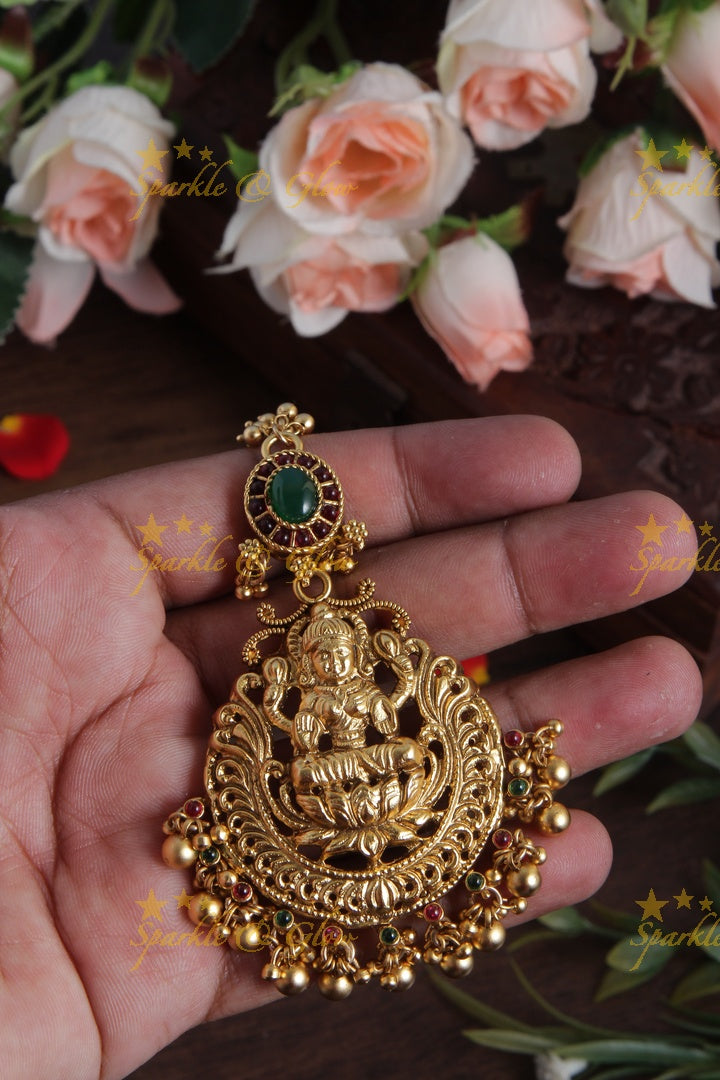 Gold Alike Lakshmi Maang Tikka with Gold beads - Green