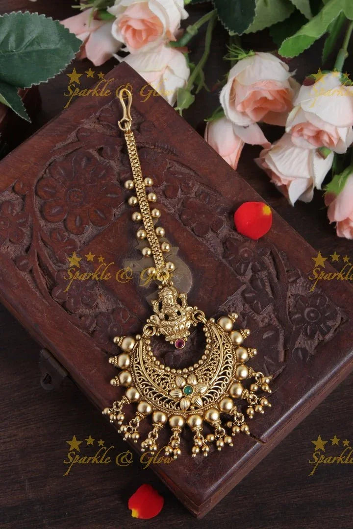 Gold Alike Lakshmi Floral Maang Tikka with small gold beads - Sparkle and Glow