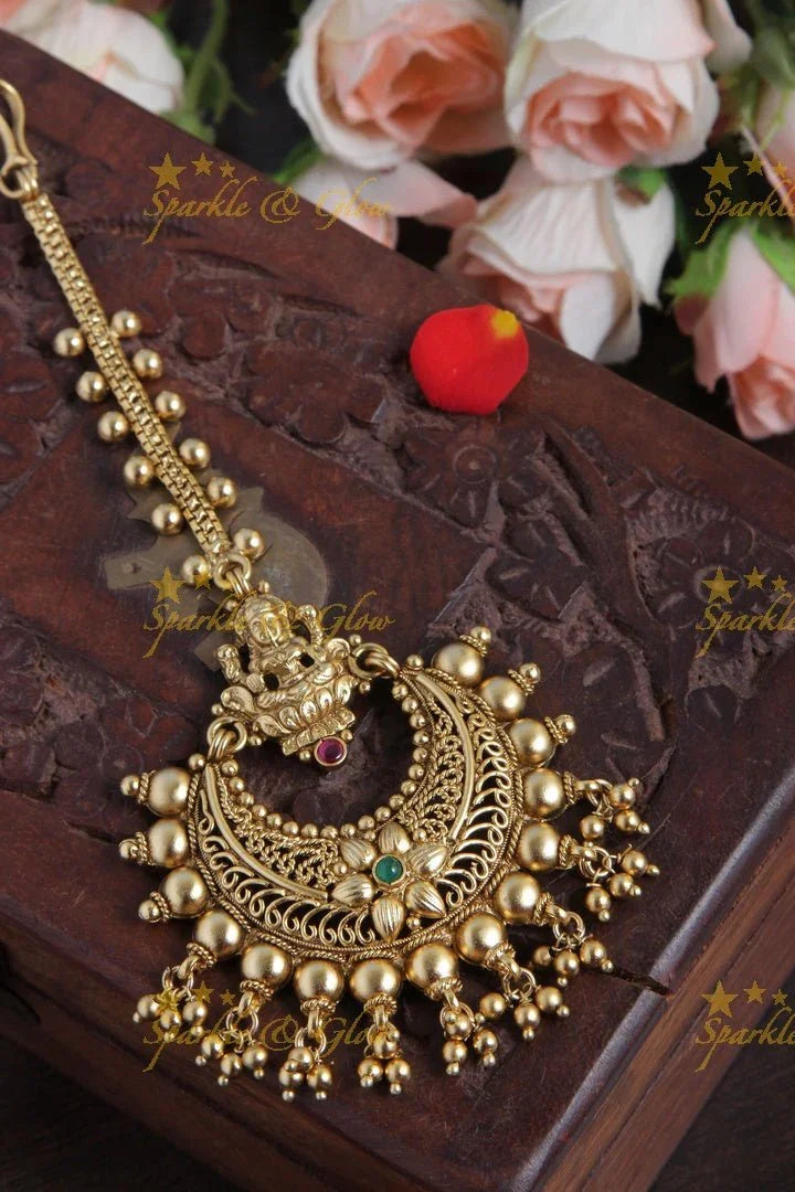 Gold Alike Lakshmi Floral Maang Tikka with small gold beads - Sparkle and Glow