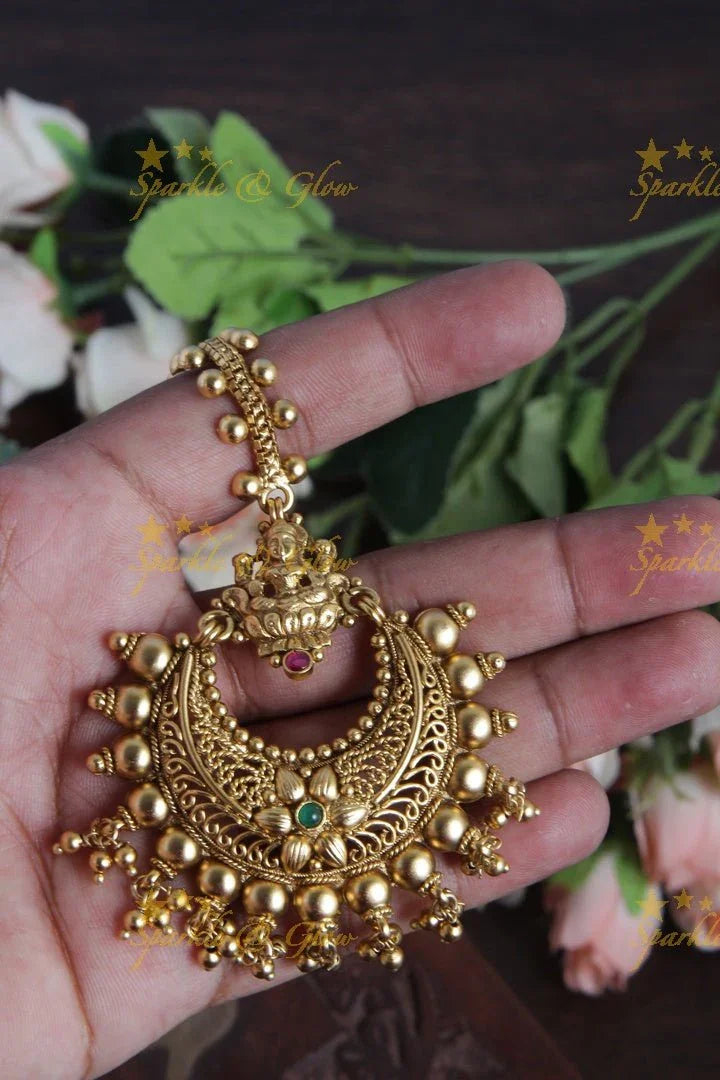 Gold Alike Lakshmi Floral Maang Tikka with small gold beads - Sparkle and Glow