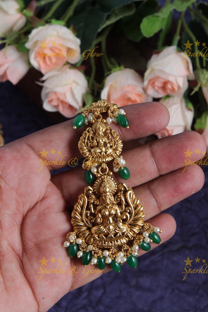 Beautiful Lakshmi Maang Tikka with Pearls and green beads