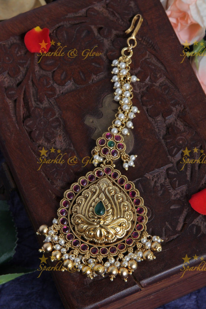 Gold Alike Floral Pearl Maang Tikka with Gold beads