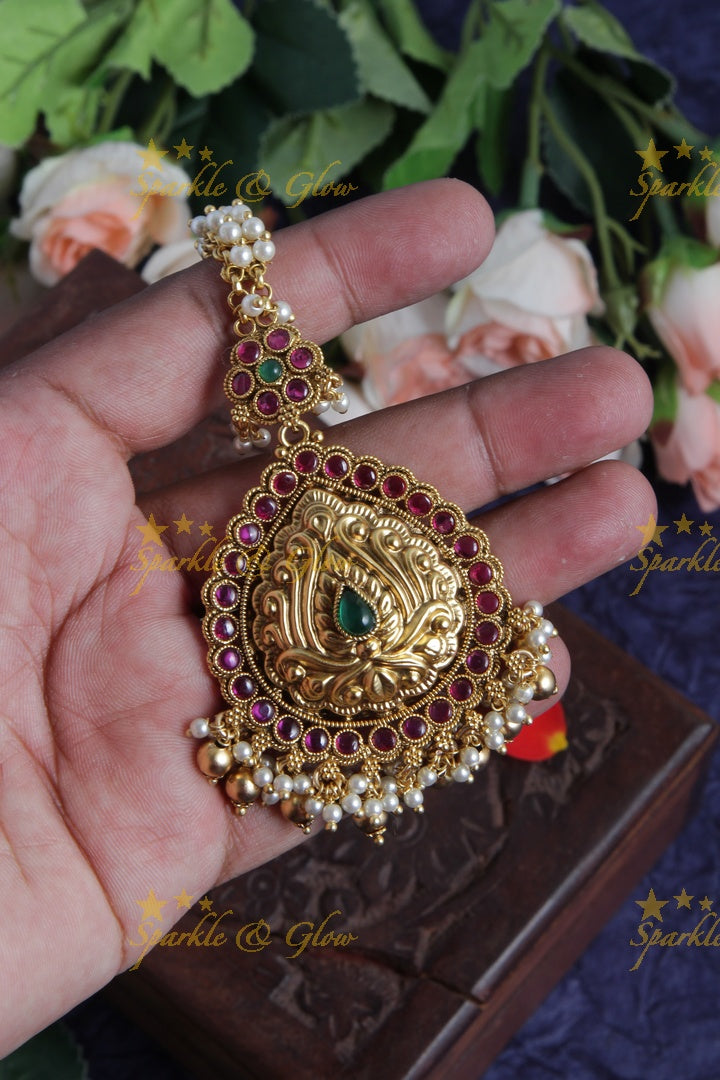 Gold Alike Floral Pearl Maang Tikka with Gold beads