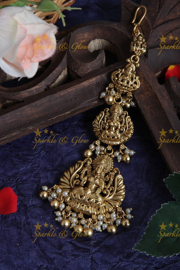 Beautiful Lakshmi Maang Tikka with Pearls and gold beads