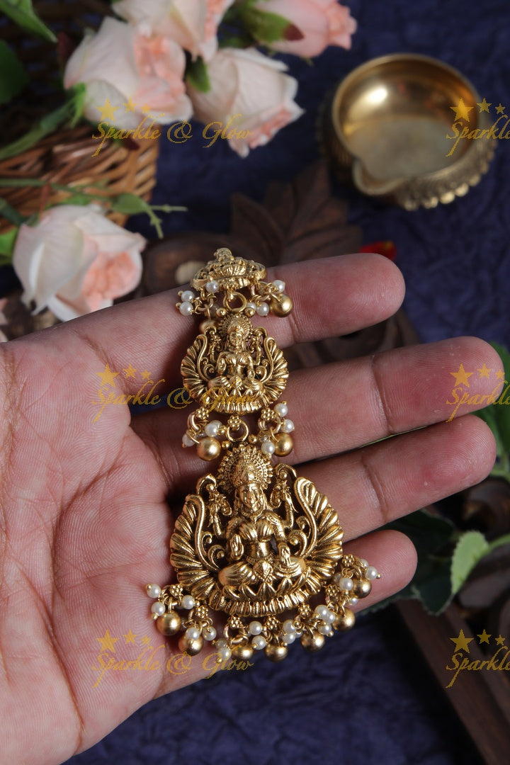 Beautiful Lakshmi Maang Tikka with Pearls and gold beads