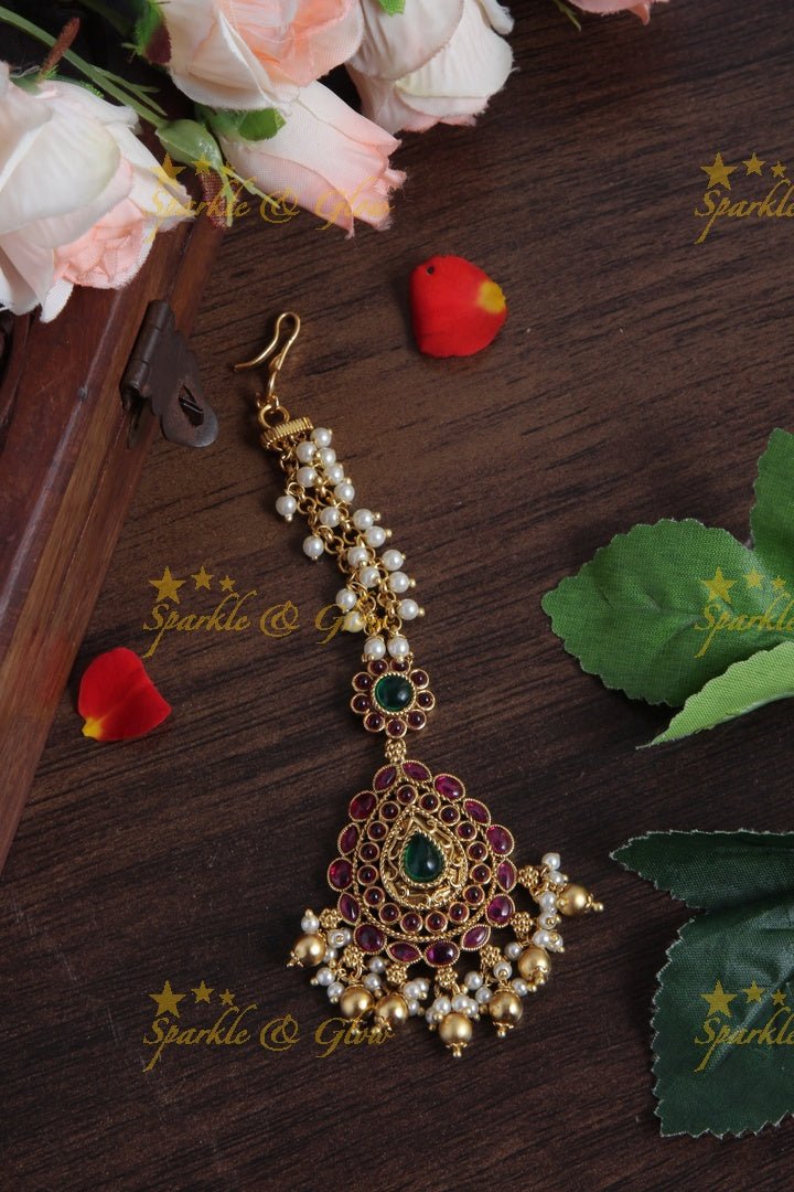 Beautiful Floral Maang tikka with Pearls Gold beads - Sparkle and Glow - 