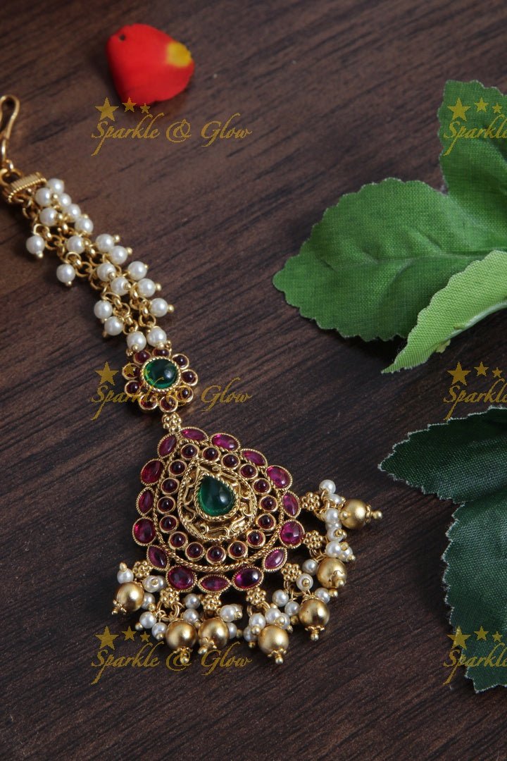 Beautiful Floral Maang tikka with Pearls Gold beads - Sparkle and Glow - 