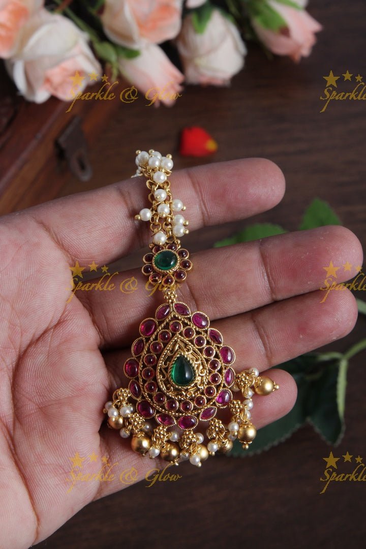 Beautiful Floral Maang tikka with Pearls Gold beads - Sparkle and Glow - 