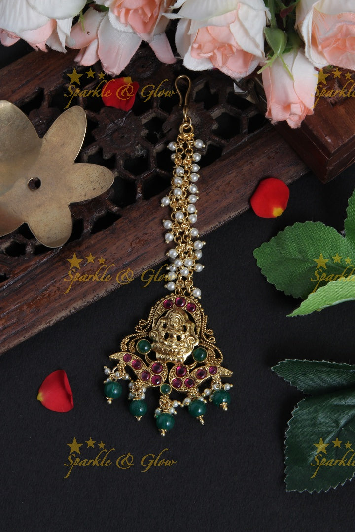 Beautiful Lakhsmi Maang Tikka with Green beads