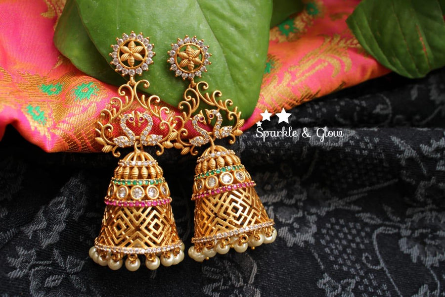 CZ stones gold peacock long jhumukas - Sparkle and Glow
