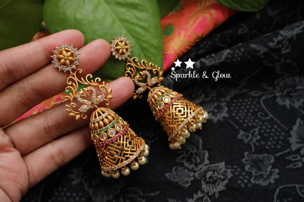 CZ stones gold peacock long jhumukas - Sparkle and Glow