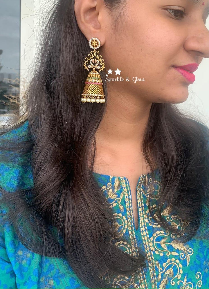 CZ stones gold peacock long jhumukas - Sparkle and Glow