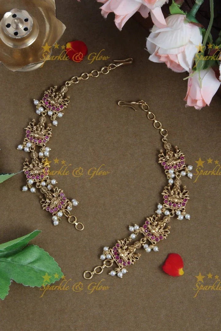 Lakshmi Pink Stone Earchain with Pearls - Sparkle and Glow