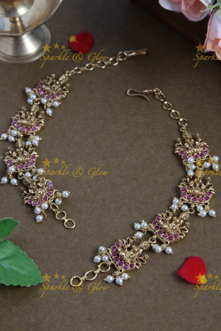 Lakshmi Pink Stone Earchain with Pearls - Sparkle and Glow