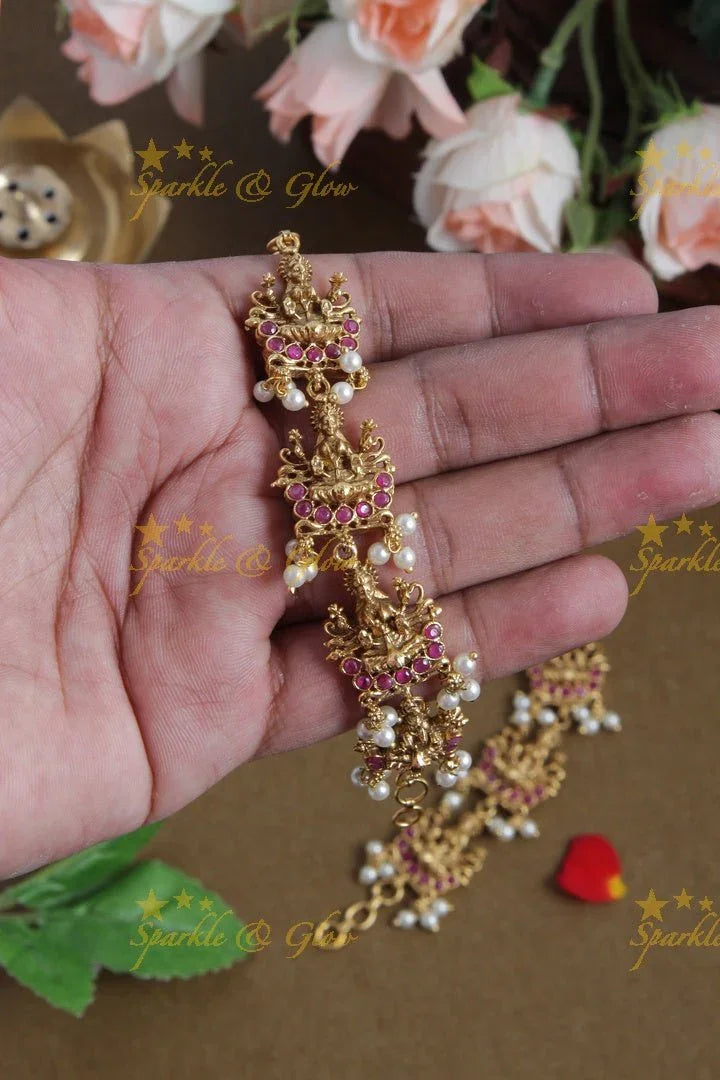 Lakshmi Pink Stone Earchain with Pearls - Sparkle and Glow