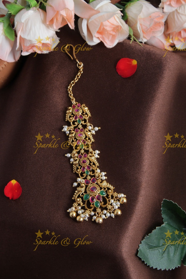 Beautiful Leaf Floral design Maang tikka with gold beads - Pink Green