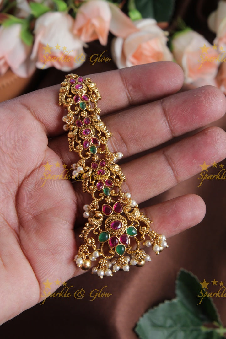 Beautiful Leaf Floral design Maang tikka with gold beads - Pink Green