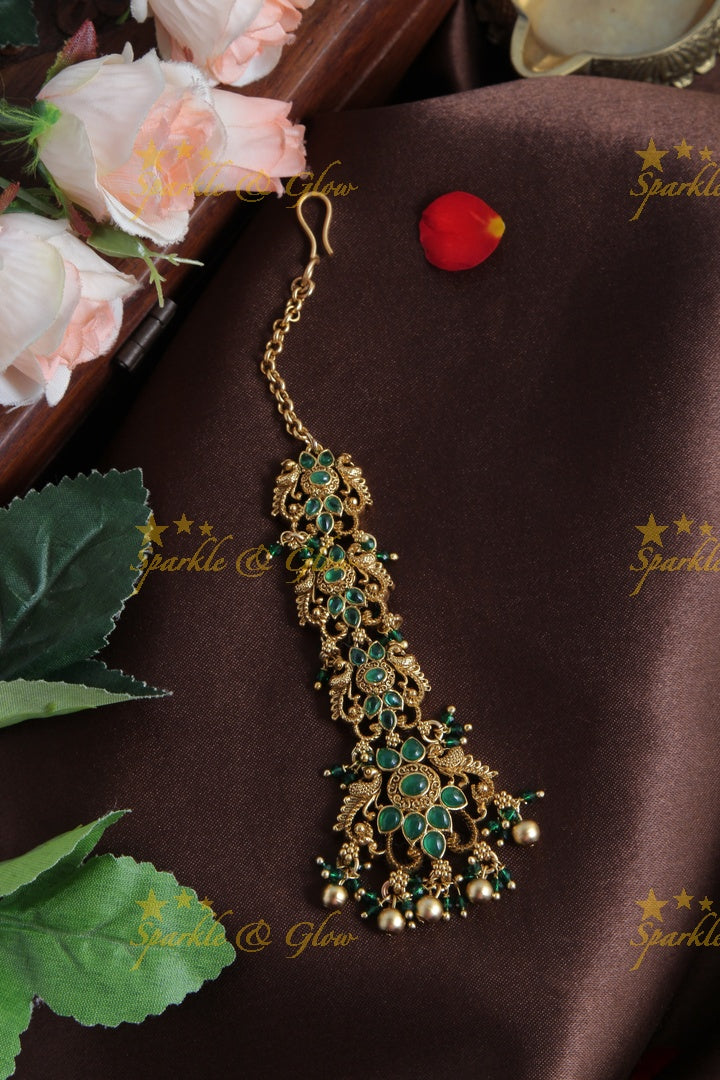 Beautiful Leaf Floral design Maang tikka with gold beads - Green