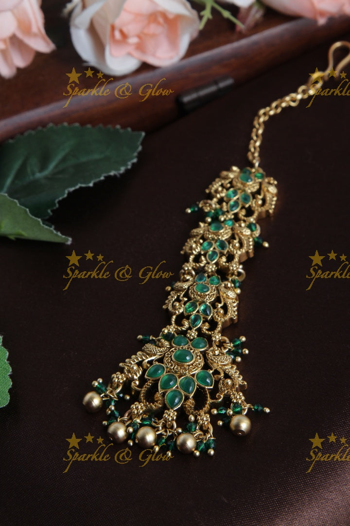 Beautiful Leaf Floral design Maang tikka with gold beads - Green