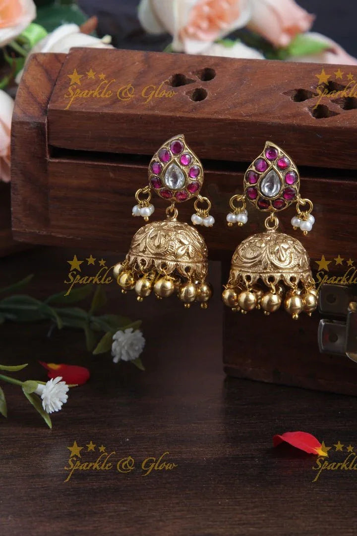 Beautiful Mango Studded Jhumkas with Gold beads - Sparkle and Glow