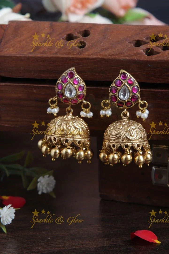 Beautiful Mango Studded Jhumkas with Gold beads - Sparkle and Glow