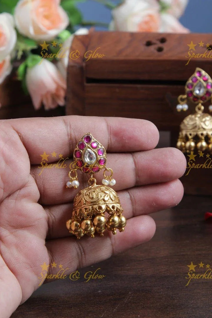 Beautiful Mango Studded Jhumkas with Gold beads - Sparkle and Glow